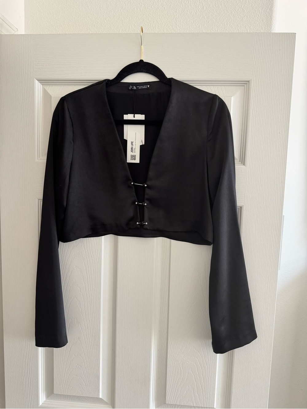 Zara Black Satin Cropped Long-Sleeve Top with Silver Hook Closures